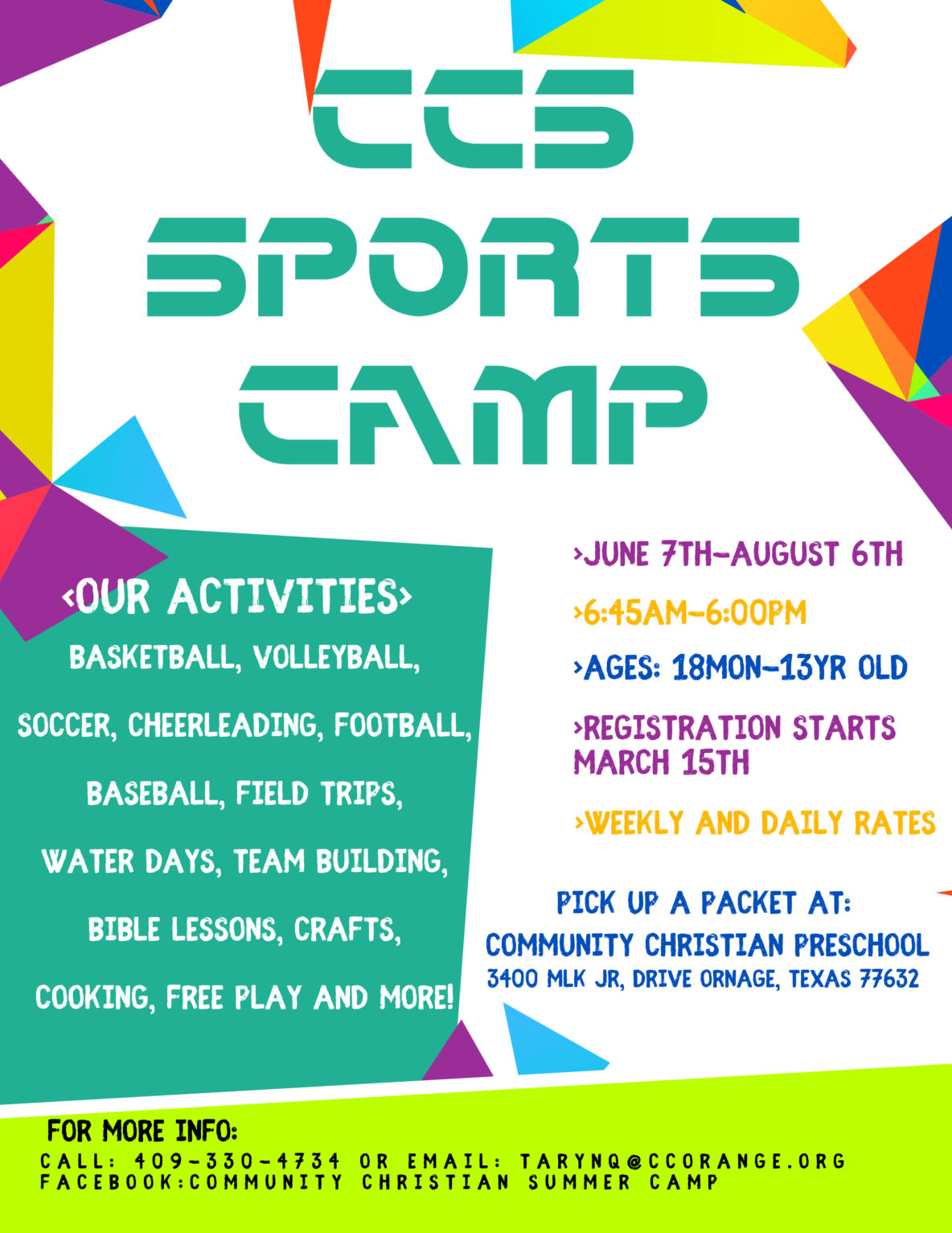 Summer Sports Camp Community Christian School of Orange, TX